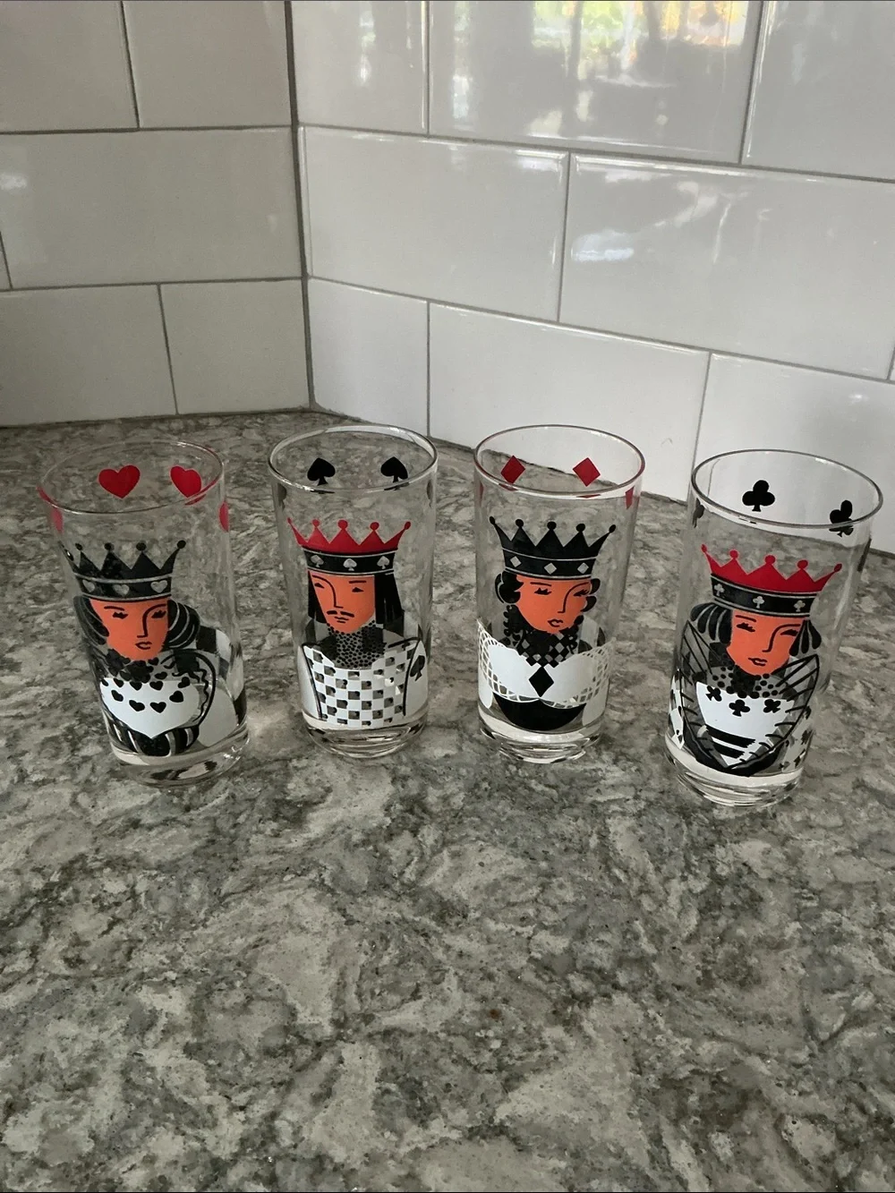 Rare Vintage Playing Card King and Queen Glasses – Set of 4 (Red, Black, White)